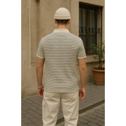 Krem Yakalı Örgü Kumaş Polo Yaka Tişört 4010