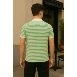 Krem Yakalı Yeşil Çizgili Örgü Kumaş Polo Yaka Tişört 4015