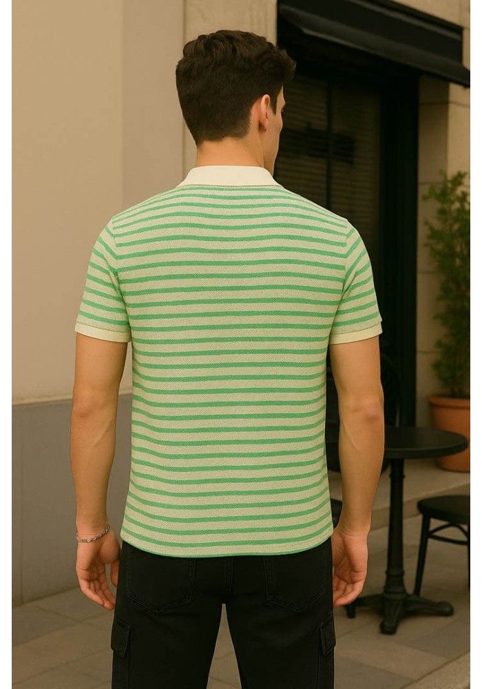 Krem Yakalı Yeşil Çizgili Örgü Kumaş Polo Yaka Tişört 4015 Krem Yakalı Yeşil Çizgili Örgü Kumaş Polo Yaka Tişört 4015