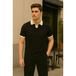 Krem Yakalı Siyah Örgü Kumaş Polo Yaka Tişört 4013