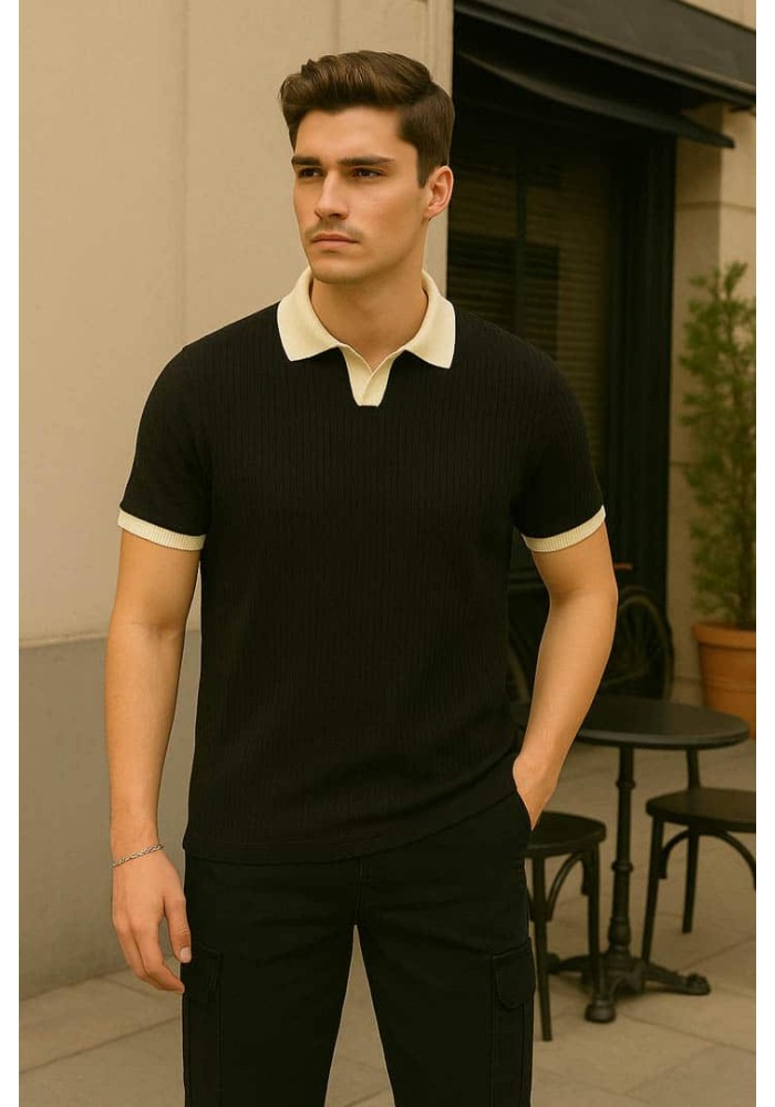 Krem Yakalı Siyah Örgü Kumaş Polo Yaka Tişört 4013 Krem Yakalı Siyah Örgü Kumaş Polo Yaka Tişört 4013