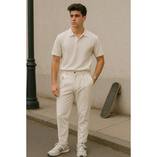 Kemer Detaylı Krem Slim Fit Pantolon 2045 Kemer Detaylı Krem Slim Fit Pantolon 2045
