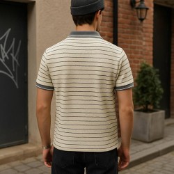 Gri Yakalı Çizgili Örgü Kumaş Polo Yaka Tişört 4011