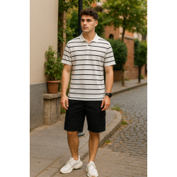 Beyaz Siyah Çizgili Polo Yaka T-shirt 4028
