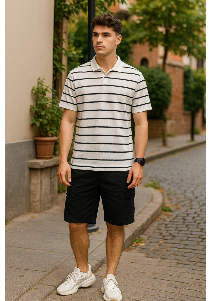 Beyaz Siyah Çizgili Polo Yaka T-shirt 4028 Beyaz Siyah Çizgili Polo Yaka T-shirt 4028