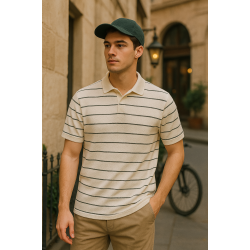 Beyaz Gri Çizgili Polo Yaka T-shirt 4030