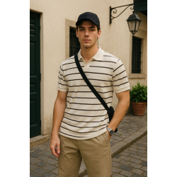 Beyaz Kahverengi Çizgili Polo Yaka T-shirt 4031