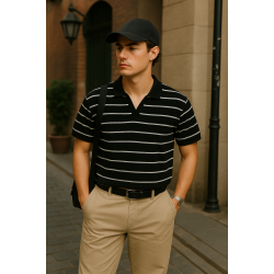 Siyah Beyaz Çizgili Polo Yaka T-shirt 4032