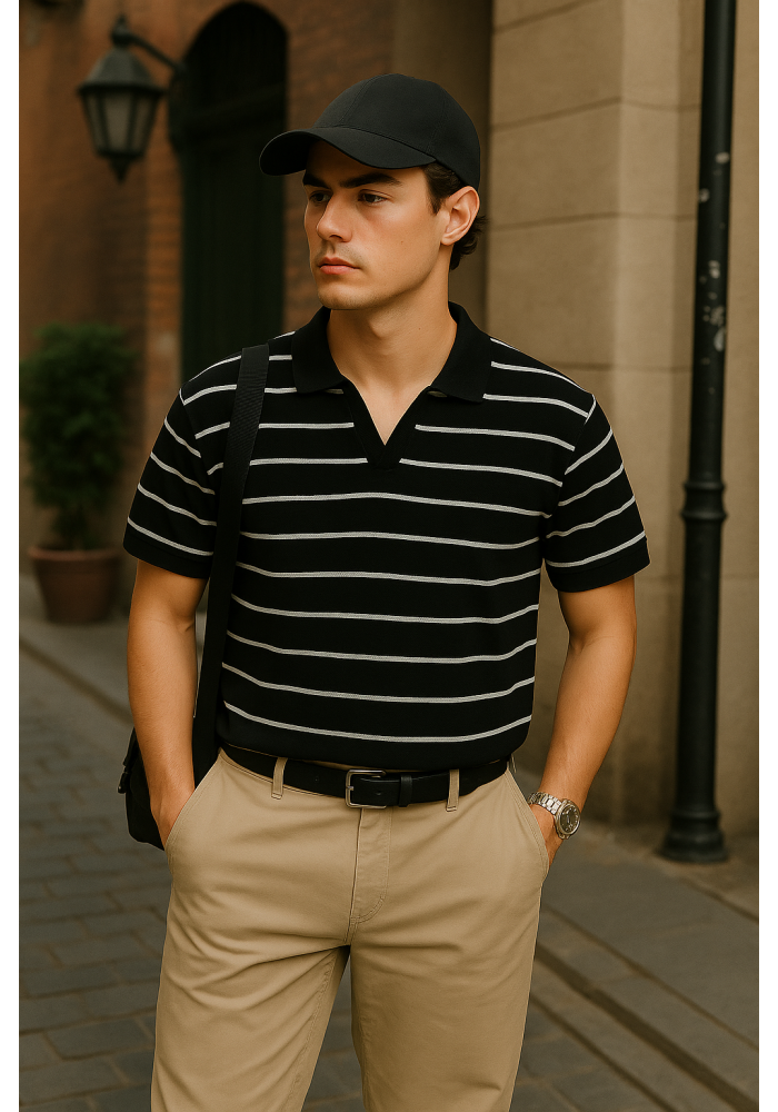 Siyah Beyaz Çizgili Polo Yaka T-shirt 4032 Siyah Beyaz Çizgili Polo Yaka T-shirt 4032