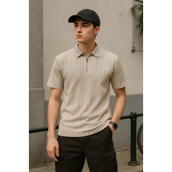 Bej Çizgili Polo Yaka T-shirt 4033