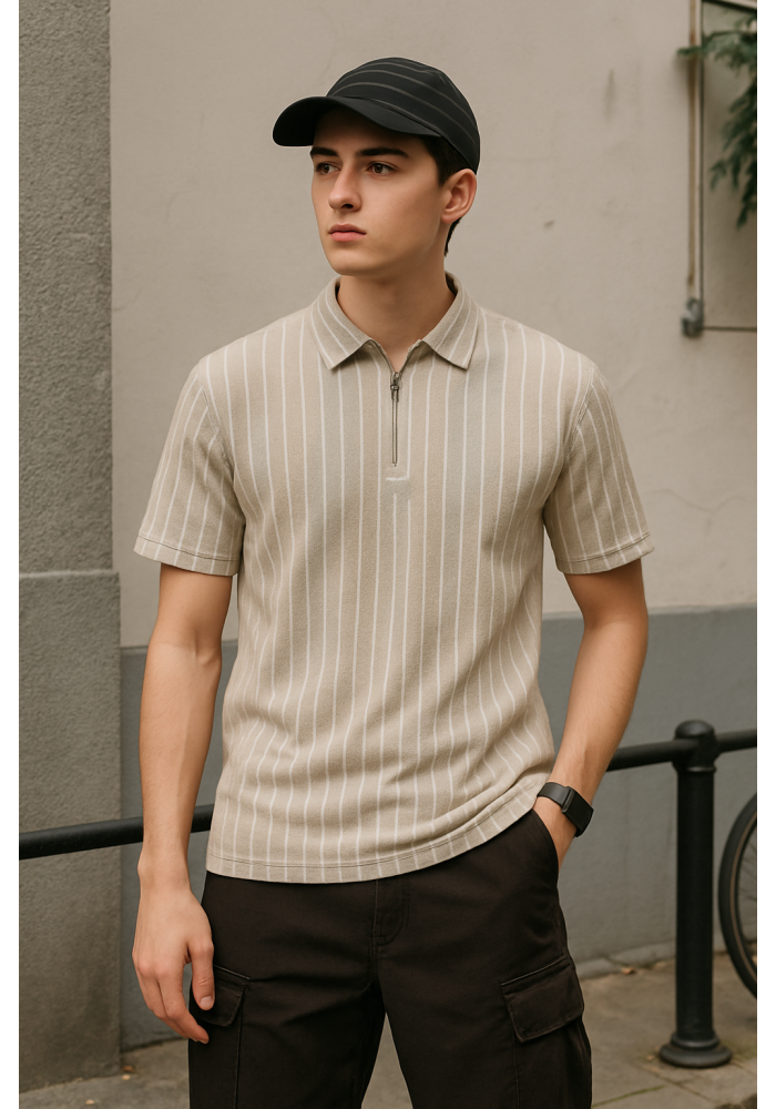 Bej Çizgili Polo Yaka T-shirt 4033 Bej Çizgili Polo Yaka T-shirt 4033