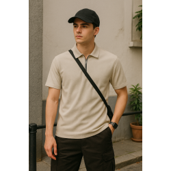 Bej Fermuarlı Polo Yaka T-shirt 4034